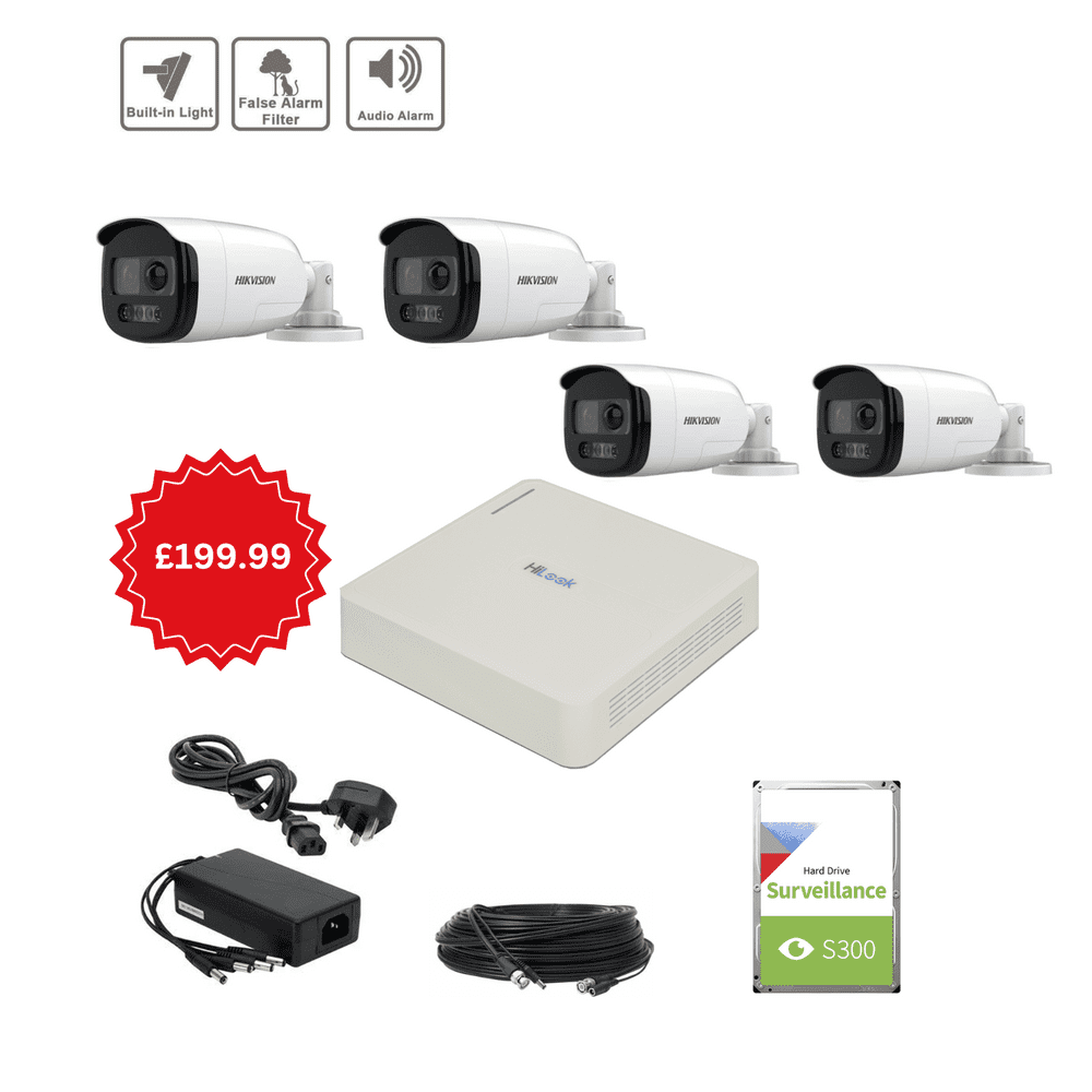 2MP Hilook TVI Turbo HD Bullet Camera Kit (4x DS-2CE12DF3T-PIRXOS, 4ch DVR-104G-K1) (Offer)