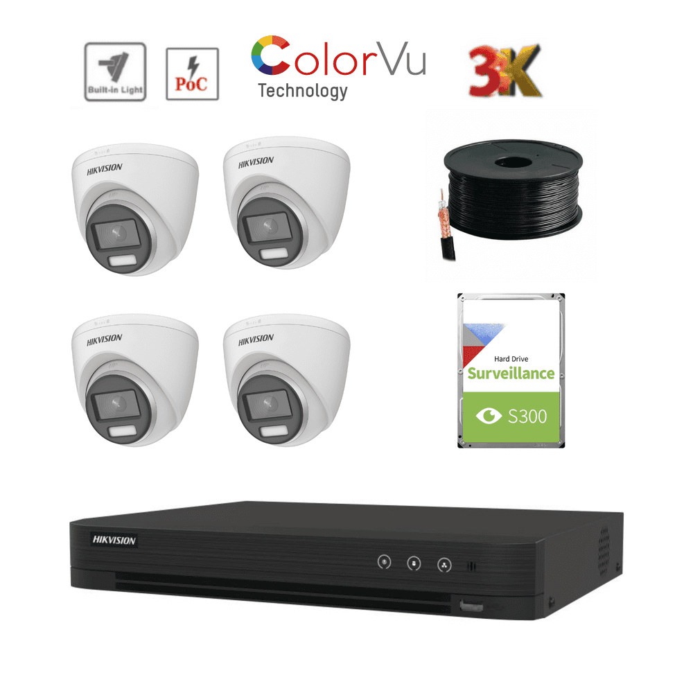 3K Hikvision ColorVu PoC Turret TVI Kit 2.8mm (4x DS-2CE72KF3T-E, 4ch iDS-7204HUHI-M1/P) (Offer)