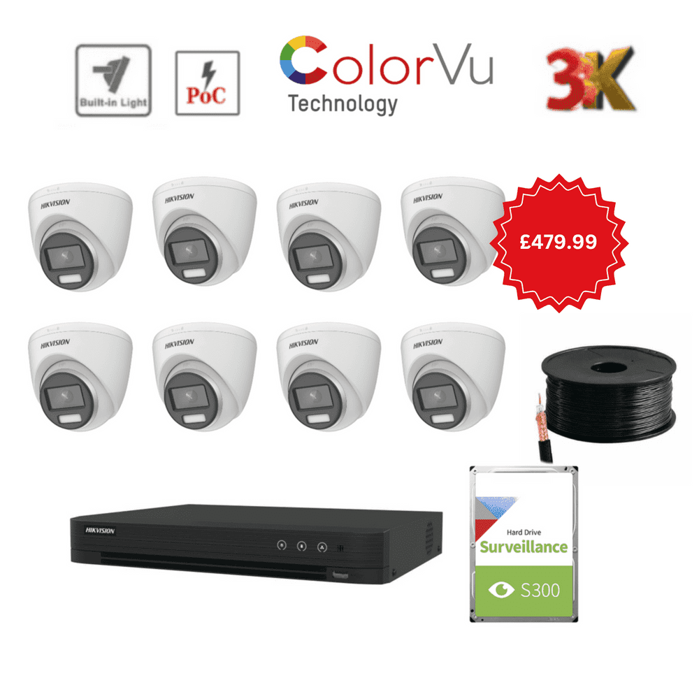 3K Hikvision ColorVu PoC Turret TVI Kit 2.8mm (8x DS-2CE72KF3T-E, 8ch IDS-7208HUHI-M2/P(C)) (Offer)