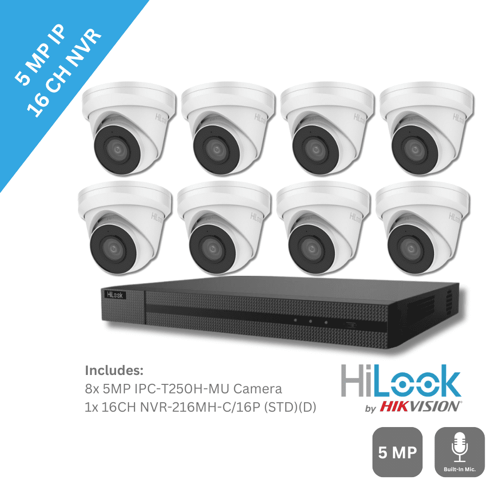 5MP HiLook by Hikvision IPC-T250H-MU Metal Base Built-In Mic 8 Camera & 16 Channel NVR Kit (Offer)
