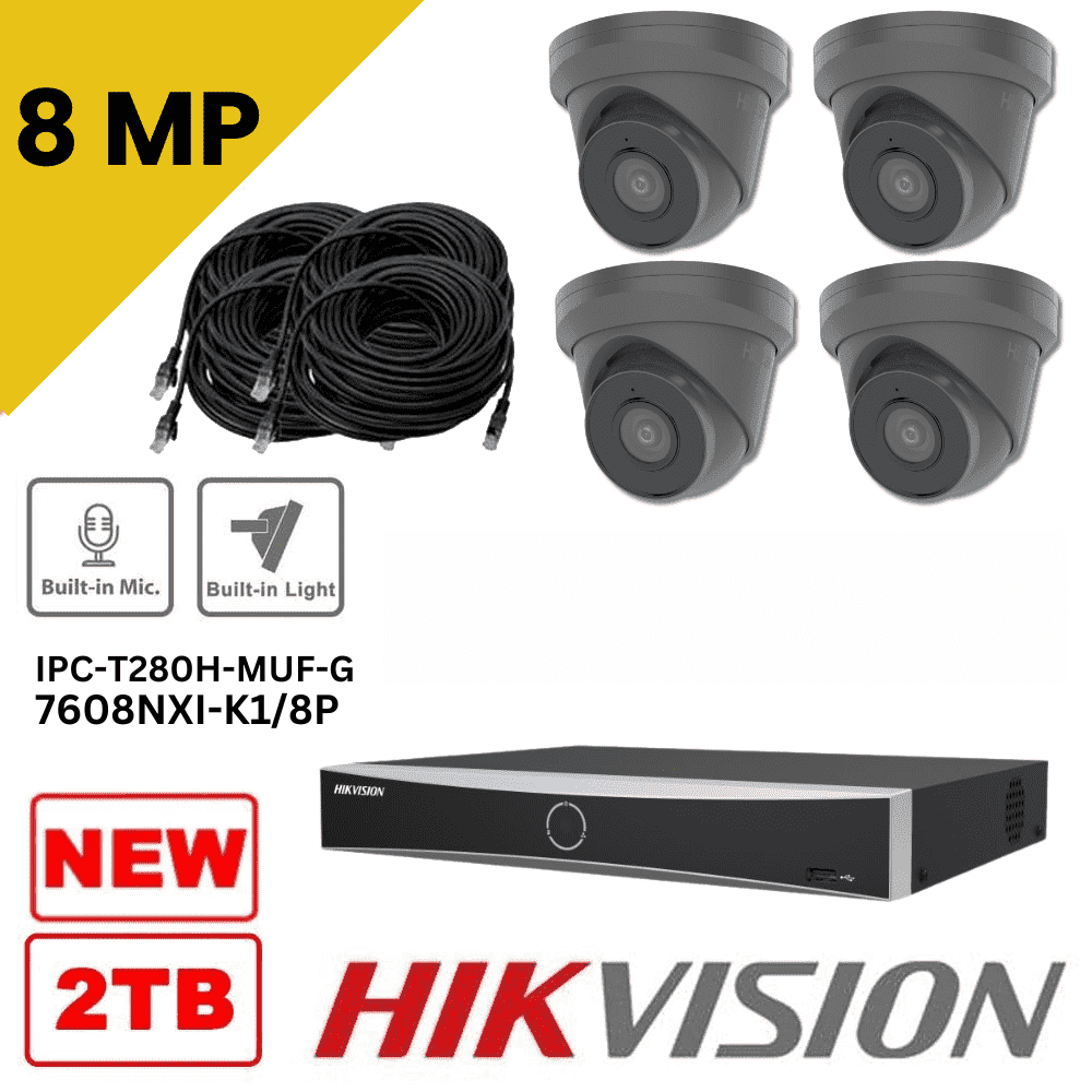 8MP Built-in Mic 4 Grey Camera Kit (Hikvision 12MP DS-7608NXI-K1/8P POE - 8 Channel NVR)