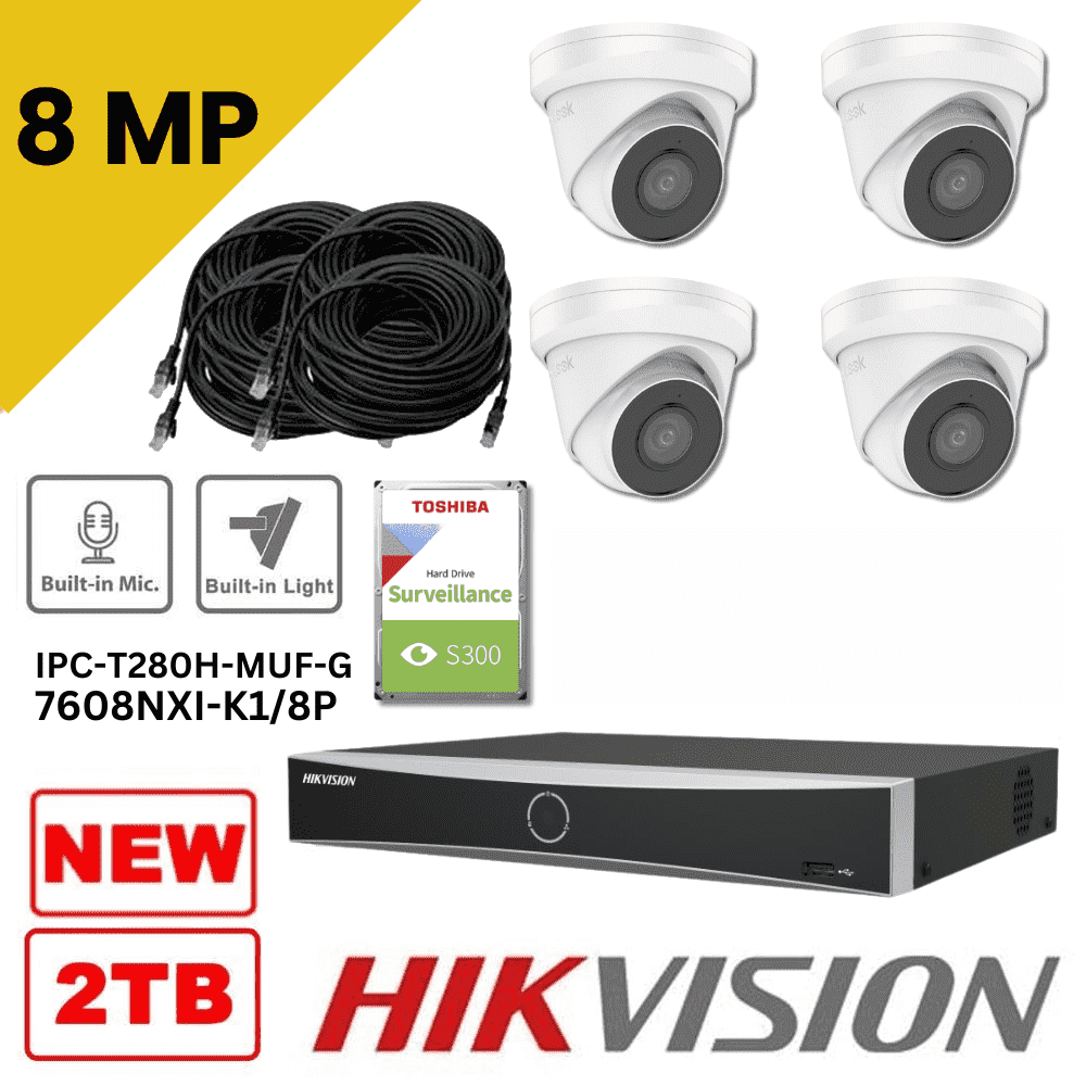 8MP ColorVu Built-in Mic 4 White Camera Kit - Hikvision 12MP DS-7608NXI-K1/8P POE - 8 Channel NVR