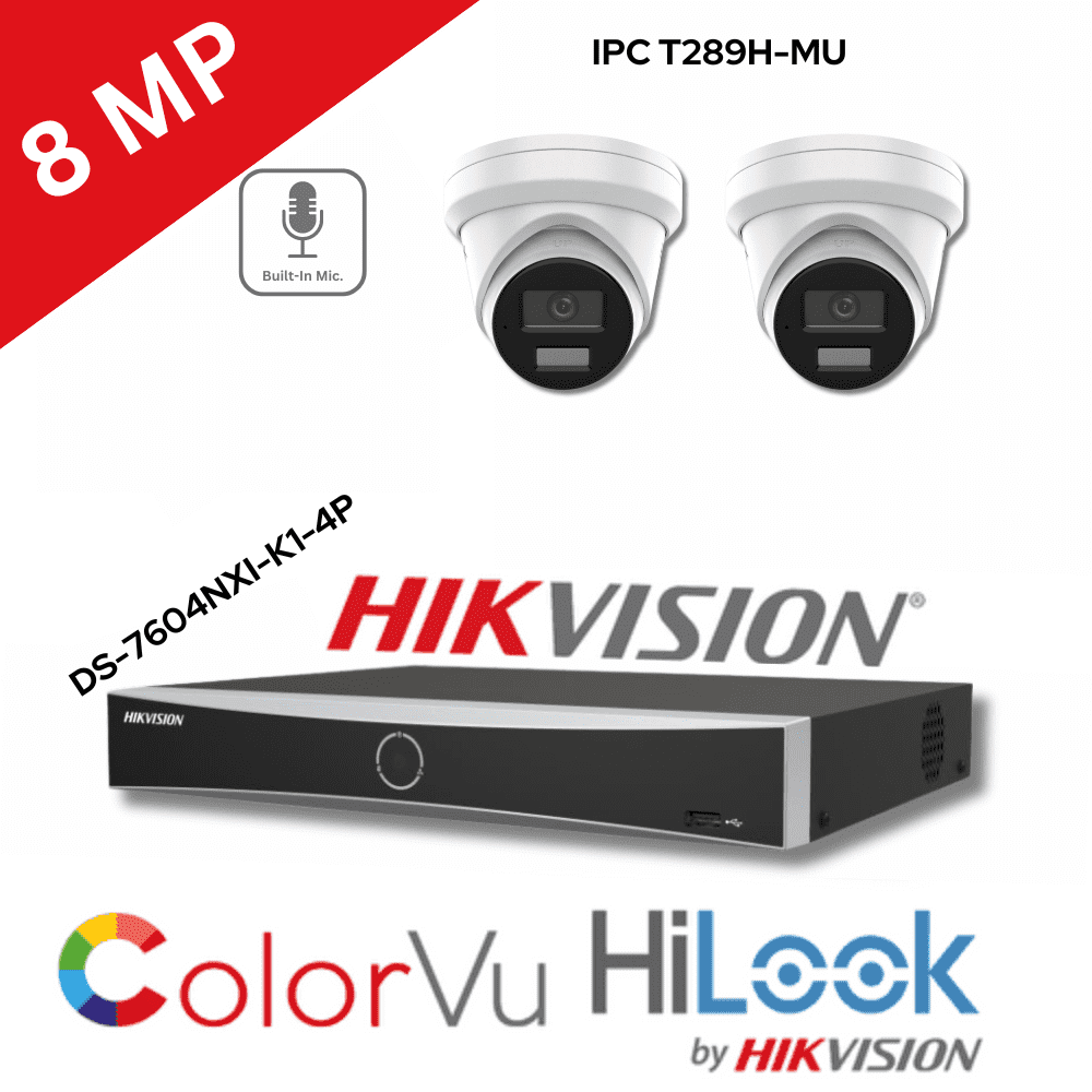 8MP Hilook By Hikvision IPC-T289H-MU(2.8) ColorVu Turret built-in Mic 2 Camera, 4ch NVR Kit (Offer)
