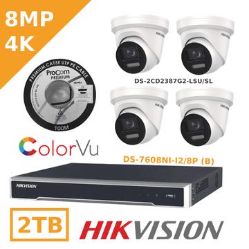 8MP IP ColorVu CCTV Kit - 8 Channel-POE CCTV Kit - DS-2CD2387G2-LSU/SL - 2.8MM - BLACK / WHITE