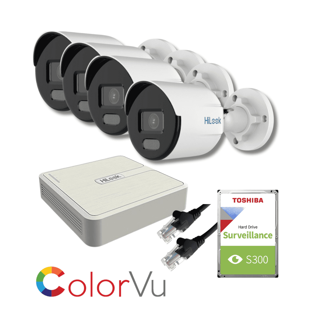 Full HD Hilook By Hikvision Colorvu Camera IP KIT - 4 IPC-B129 and 4 channel Hilook NVR (Offer)
