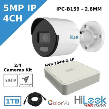 HiLook 5MP IP ColorVu CCTV Kit , 4CH POE NVR-104H-D/4P - 5MP IPC-B159 Bullet Camera + 1TB + Cable