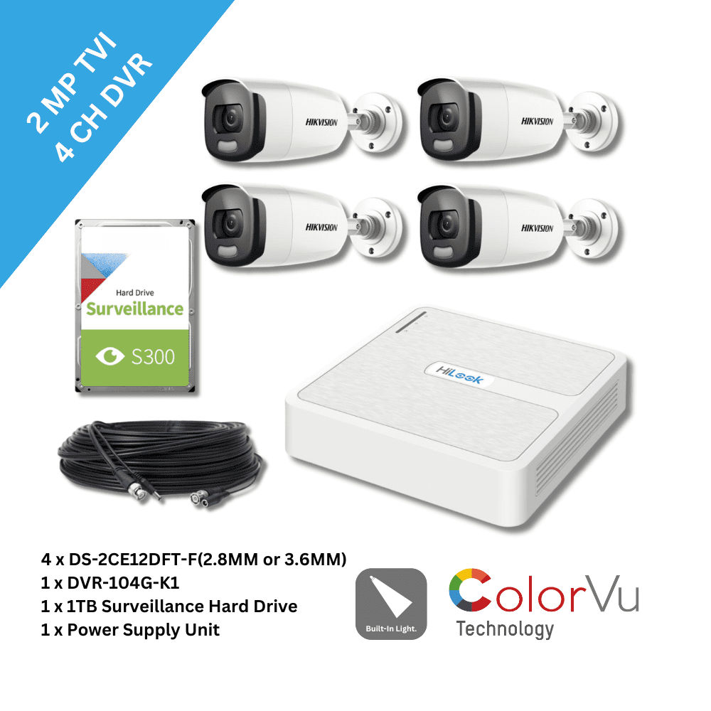 2MP Hikvision DS-2CE12DFT-F(2.8MM or 3.6MM) ColorVu Bullet 4 Camera & 4Ch DVR TVI Kit (Offer)
