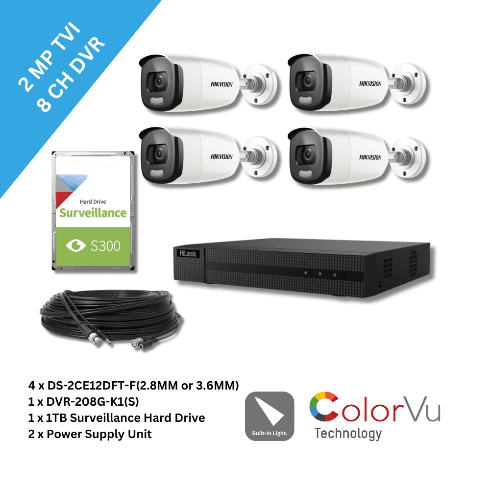 2MP Hikvision DS-2CE12DFT-F(2.8MM or 3.6MM) ColorVu Bullet 4 Camera & 8Ch DVR TVI Kit (Offer)