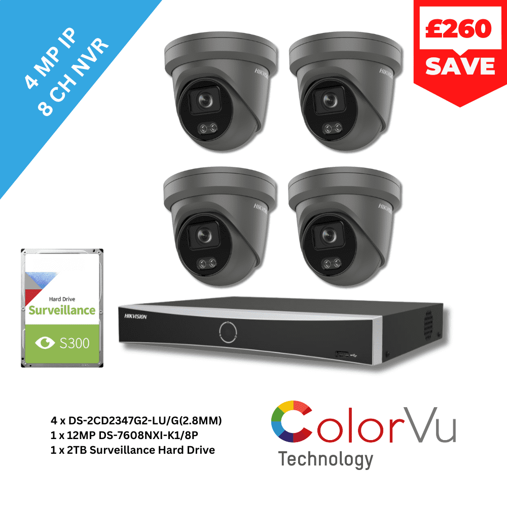 4MP Hikvision Colorvu CCTV KIT - 4 DS-2CD2347G2-LU/G(2.8MM) & 8 Channel DS-7608NXI-K1/8P NVR (Offer)