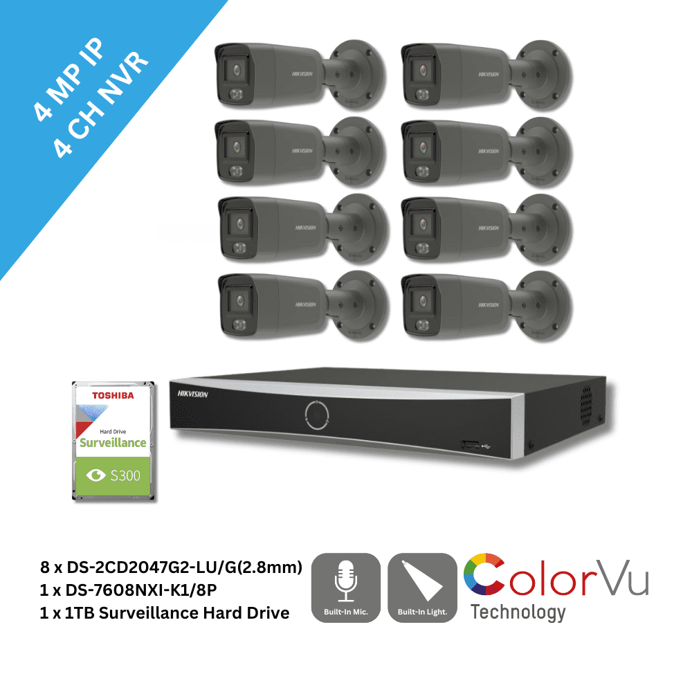 4MP Hikvision DS-2CD2047G2-LU/G(2.8mm) ColorVu Mini Bullet Mic 8 Grey Camera & 8Ch NVR IP Kit(Offer)