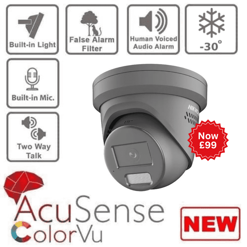 4MP Hikvision DS-2CD2347G2-LSU/SL(2.8mm) Grey AcuSense fixed lens ColorVu turret camera 2 way audio