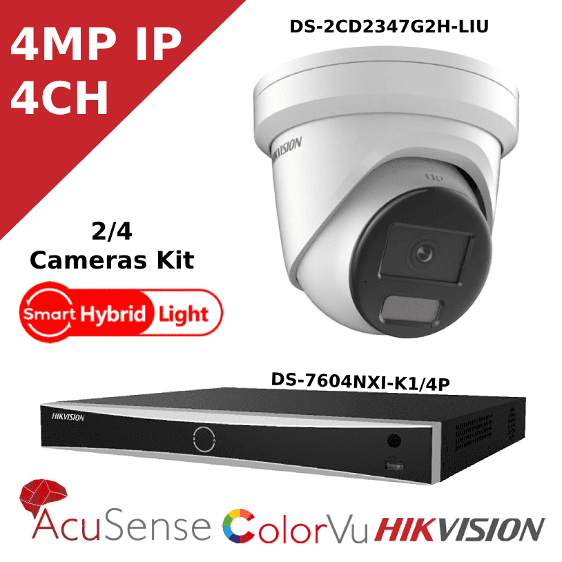 4MP IP Hybrid Light CCTV Kit - 4 Channel-POE AcuSense NVR - IR + ColorVu - DS-2CD2347G2H-LIU - 2.8MM