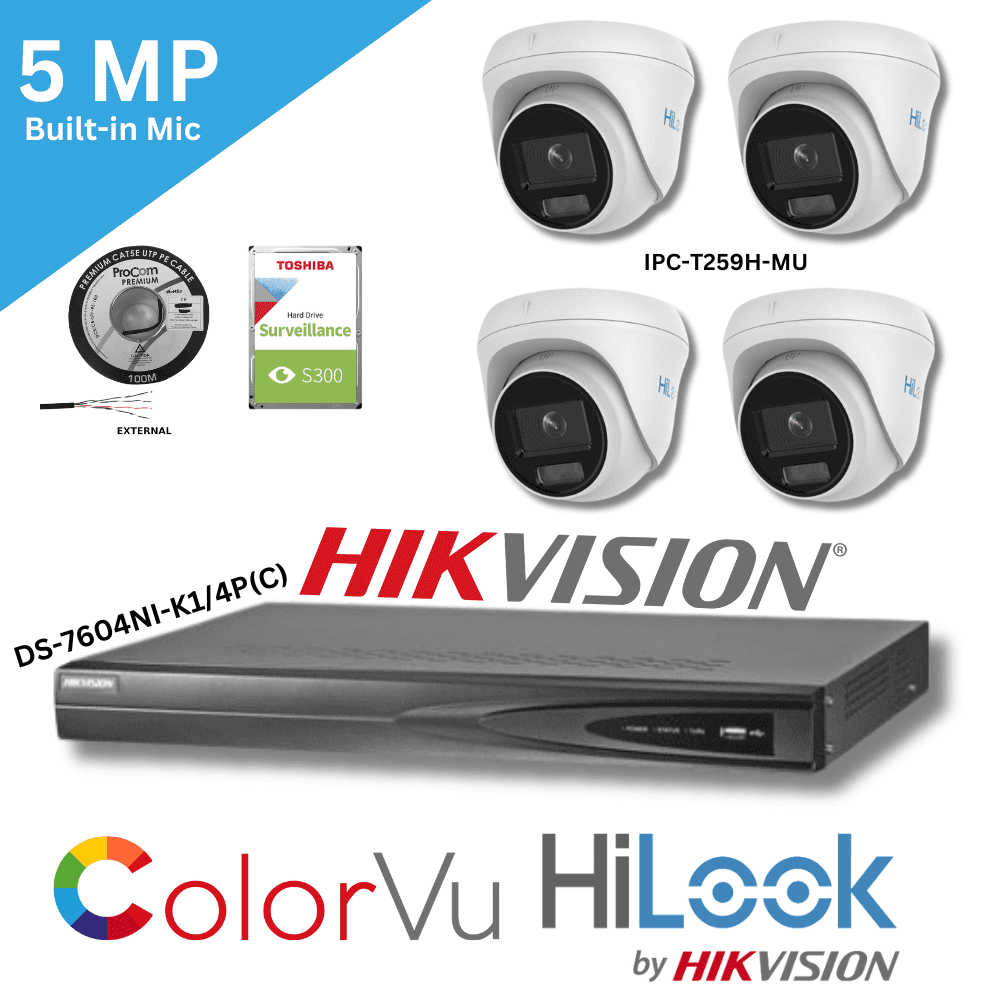 5MP Hikvision ColorVu Built-in Mic Camera Kit (4 Channel 8MP DS-7604NXI-K1-4P POE NVR (White)