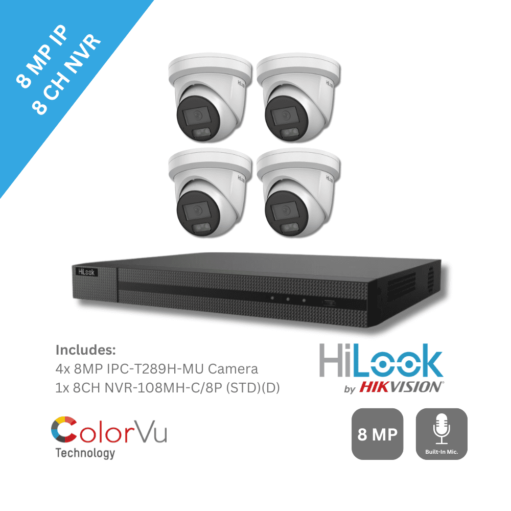 8MP HiLook by Hikvision ColorVu Built-in Mic IP CCTV Kit (4 IPC-T289H-MU, NVR-108MH-C/8P Kit-4004
