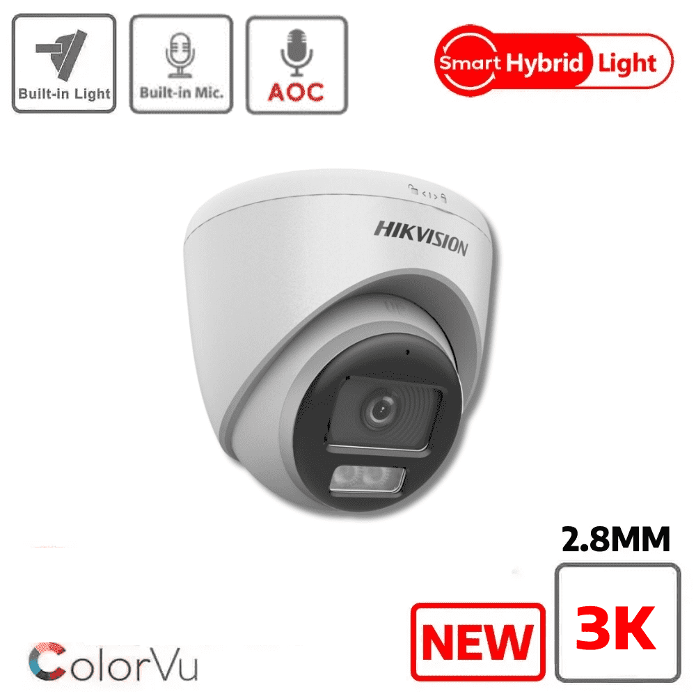 Hikvision 3K DS-2CE72KF0T-LFS  Smart Hybrid ColorVu  Fixed Lens Turret Camera (Built-in Mic) - White