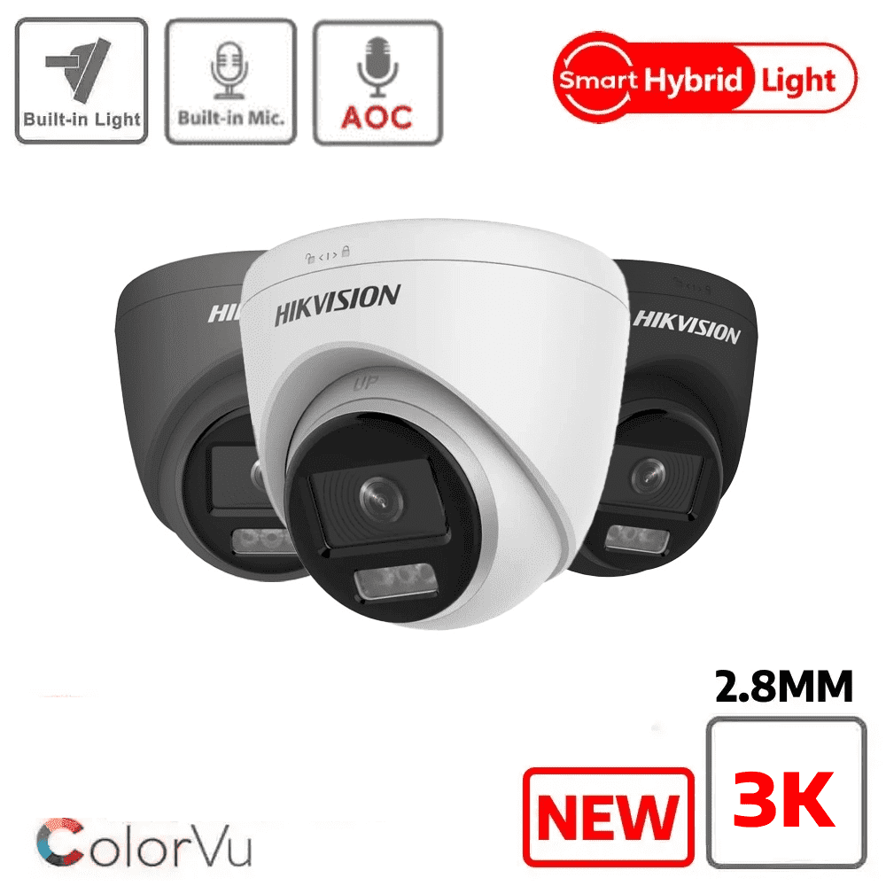 Hikvision 3K DS-2CE72KF0T-LFS Smart Hybrid ColorVu Fixed Lens Turret Camera - BUILT-IN MIC