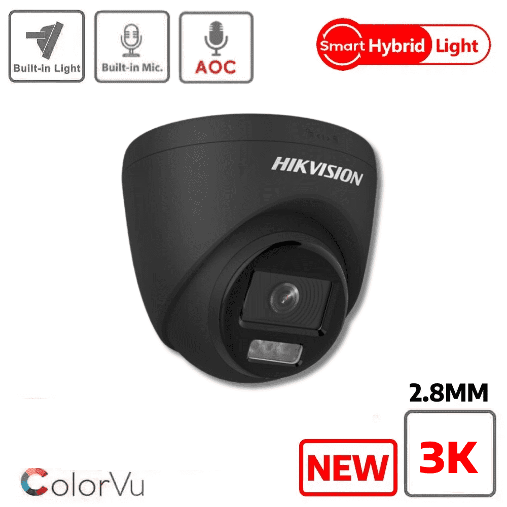 Hikvision 3K DS-2CE72KF0T-LFS Smart Hybrid ColorVu  Fixed Lens Turret Camera (Built-in Mic) - Black